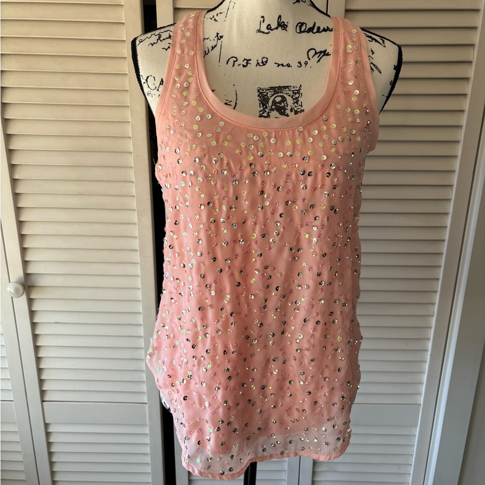 Candie’s Peach Layered Sequined Tank Top Small
